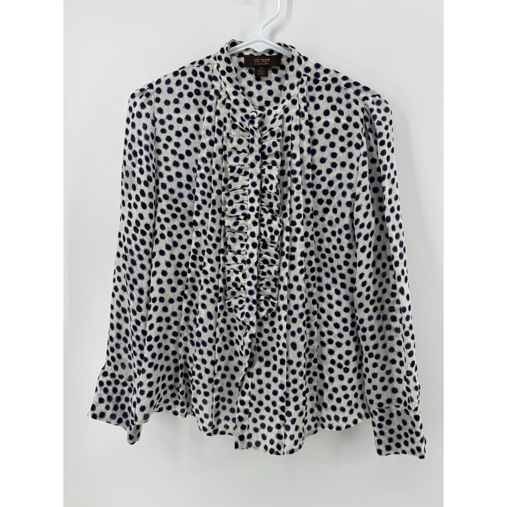Victor Alfaro 100% Silk Long Sleeve Blue Spotted Print Petite Shirt Women's 6P